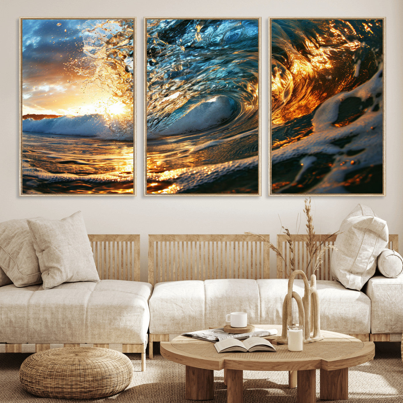 41370-MGV-FC-60X30-3P_Natural-Ocean Wave at Sunset Canvas Wall Art – Vibrant Coastal Beach Waves Print, Large Nautical Decor,