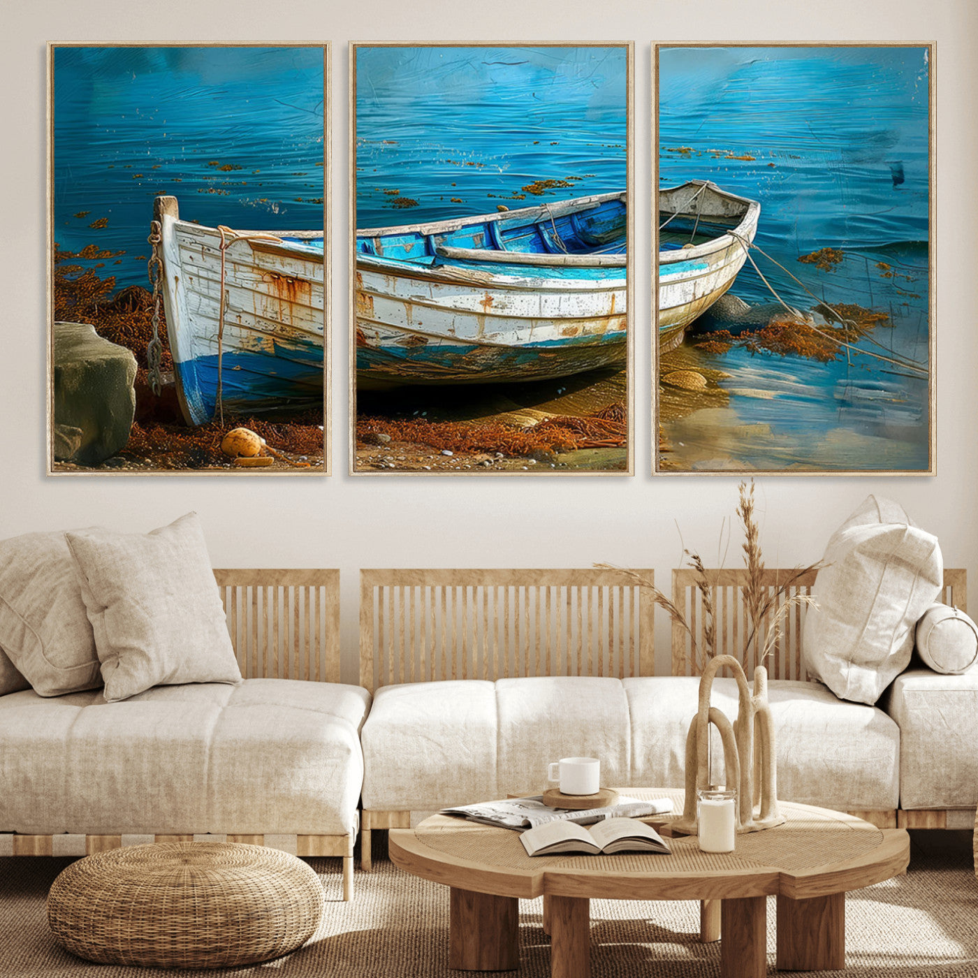 54716-MGV-FC-60X30-3P_Natural-Vintage Boat on Tranquil Waters | Coastal Wall Art for Nautical Decor | Rustic Triptych Canvas Print