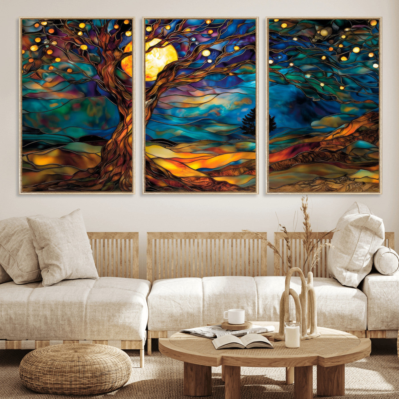 18319-MGV-FC-60X30-3P_Natural-Tree of Life Wall Art - Yggdrasil Tree of Life Canvas Print - Vibrant Moonlit Tree Wall Art, Tree