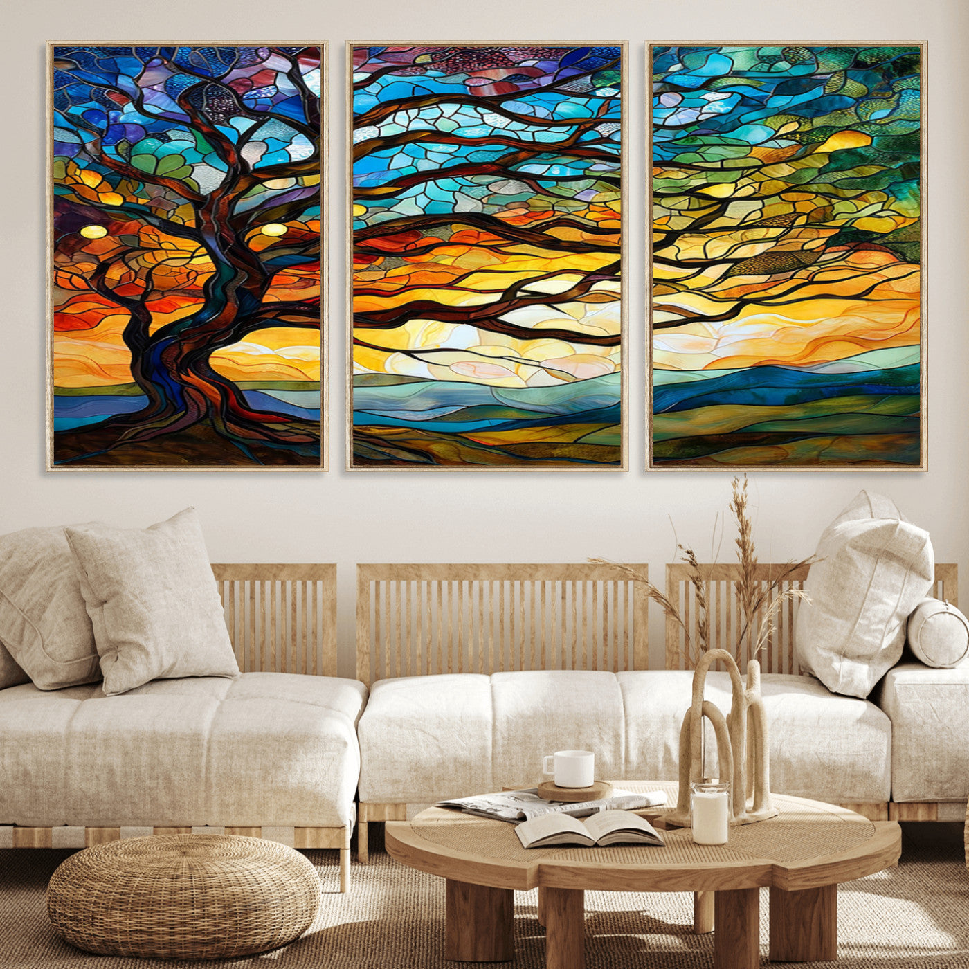64765-MGV-FC-60X30-3P_Natural-Mosaic Tree Wall Art | Ready to Hang Stained Glass Style Canvas Print | Farmhouse Wall Decor, Cabin