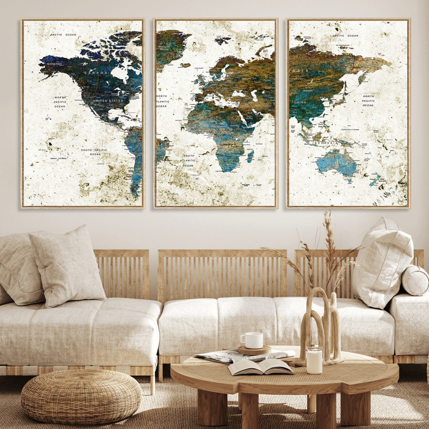89176-MGV-FC-60X30-3P_Natural-Vintage Blue and Brown World Map Canvas Wall Art – Framed Rustic Map Print, Earth Tone Travel Decor for Stylish Home and Office Walls