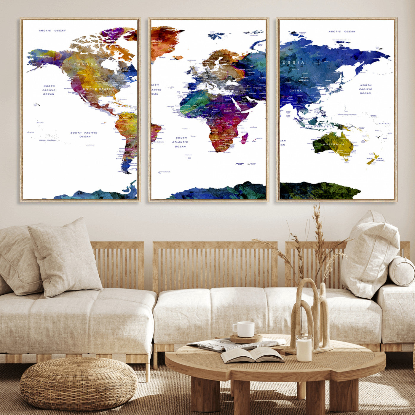 90446-MGV-FC-60X30-3P_Natural-Colorful Watercolor World Map Canvas Wall Art – Framed Modern Push Pin Travel Map for Home and Office Decor