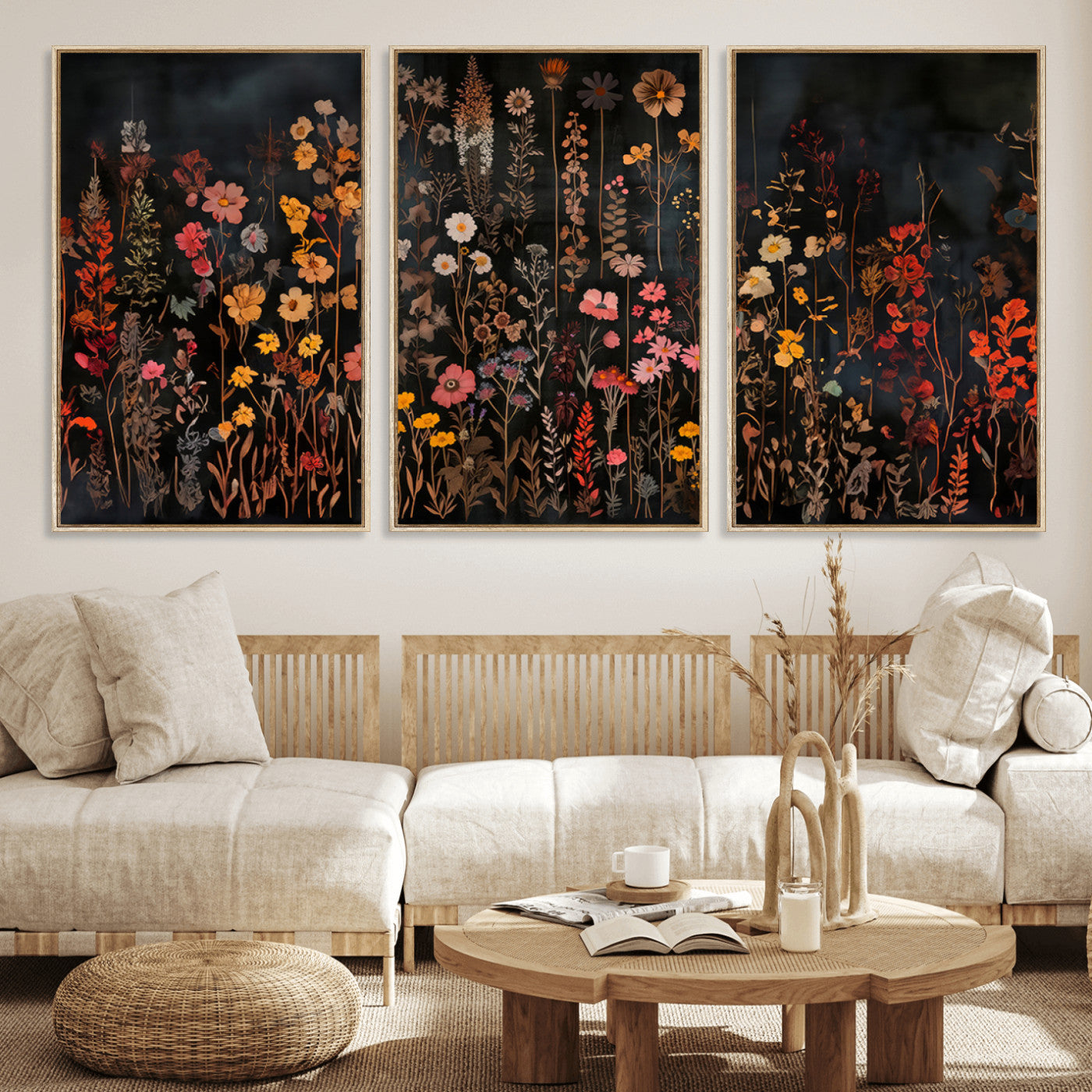 AbstFLF-MGV-FC-60X30-3P_Natural-Large Floral Painting Print Illustration Flowers Canvas Wall Art Botanical Wall Decor Modern