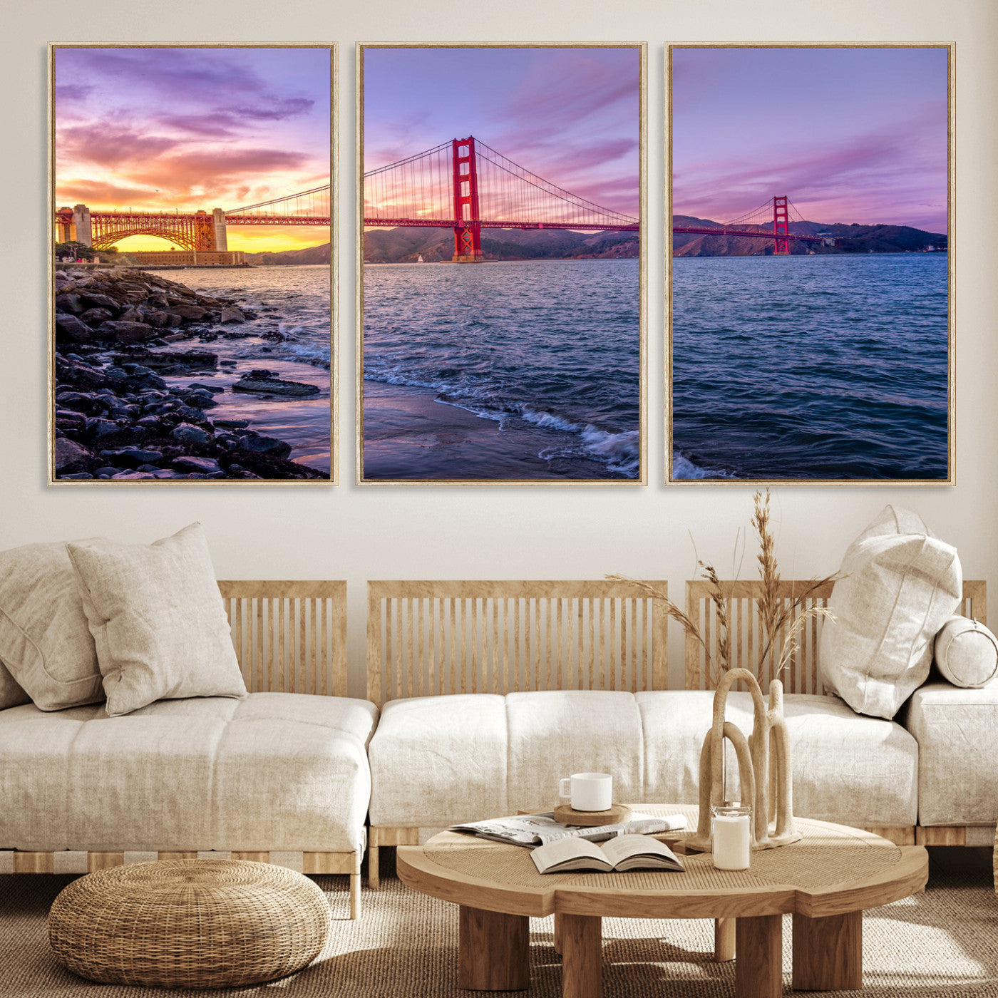 24256-MGV-CV-36X24 - Golden Gate Bridge Wall Art Print, San Francisco Sunset Canvas Wall Art, Cityscape Canvas Print for