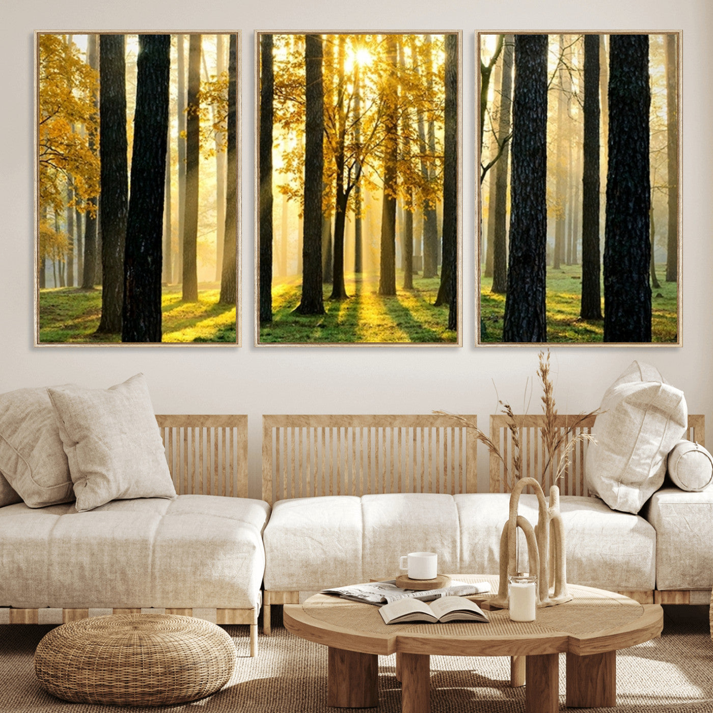 60024-MGV-FC-60X30-3P_Natural-Sunlit Forest Wall Art Canvas Print – Large Framed Woodland Landscape Artwork for Home, Office, Living Room