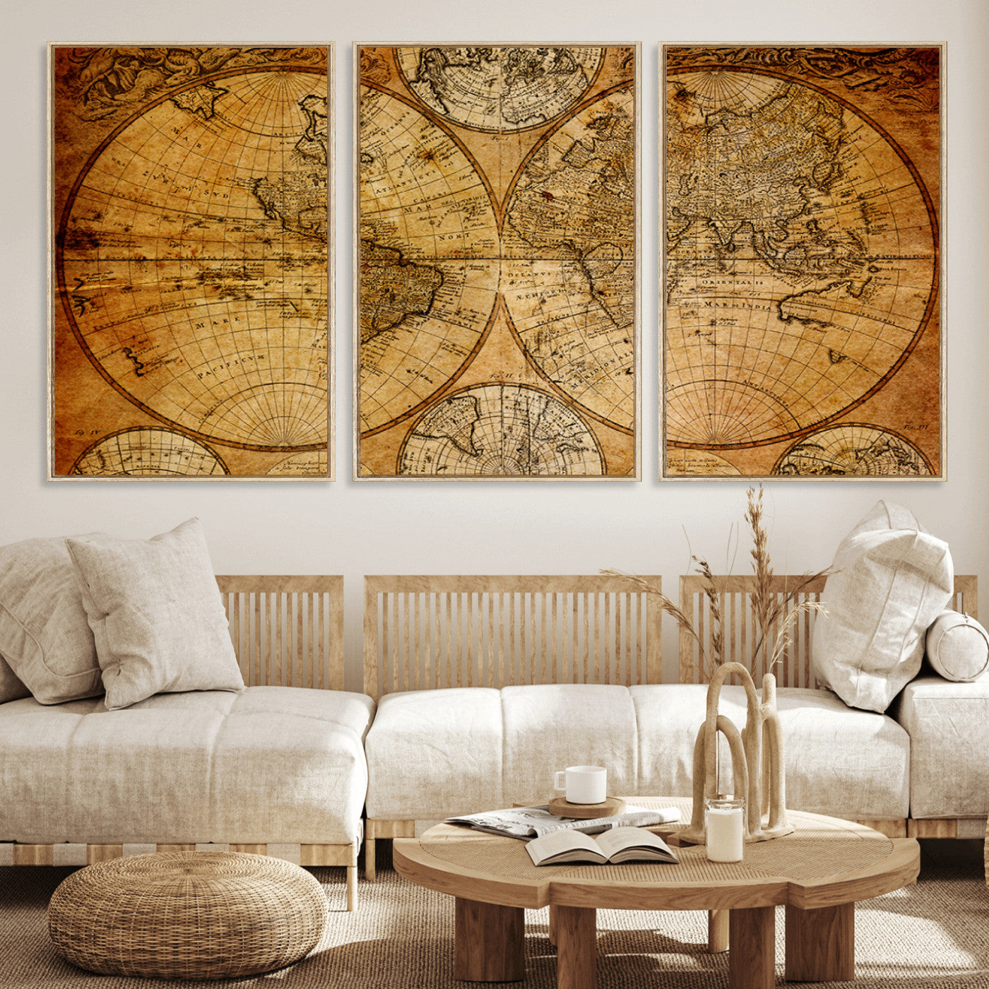 25517-MGV-FC-60X30-3P - Vintage World Map Canvas Print – Antique Push Pin Travel Map, Framed Wall Art for Home or Office Decor