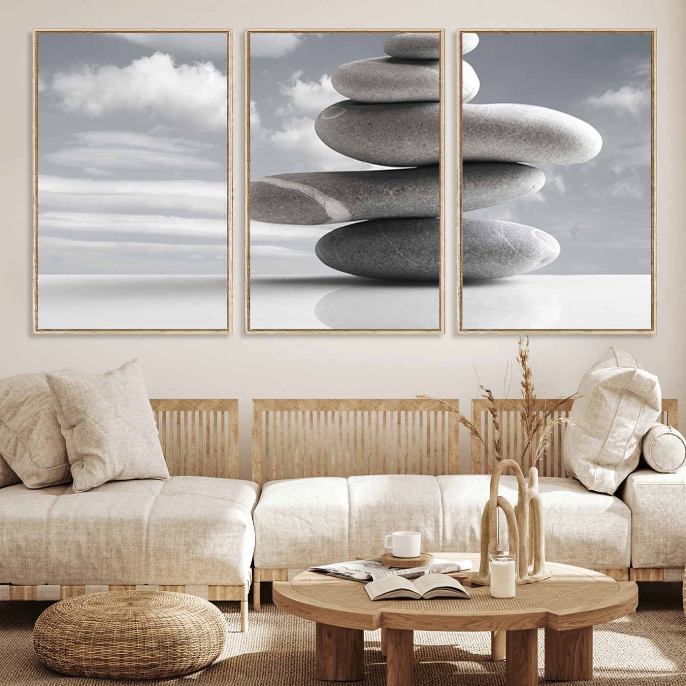 -Still Life Black and White Zen Stones Wall Art Canvas, Framed Black and White Zen Stones Canvas