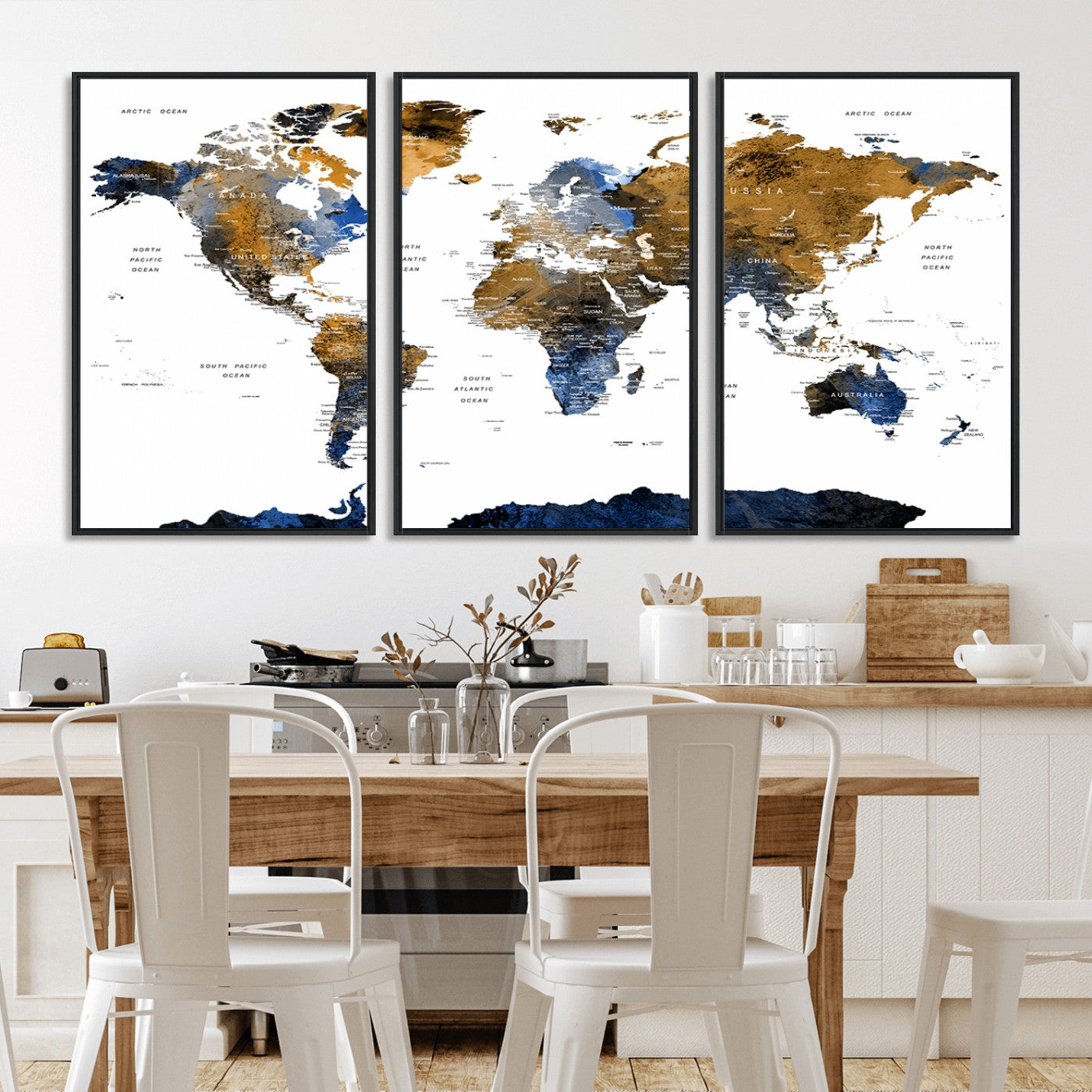 -Navy and Gold World Map Canvas Wall Art – Framed Modern World Map Print, Elegant Travel Inspired Artwork for Home and Office Decor