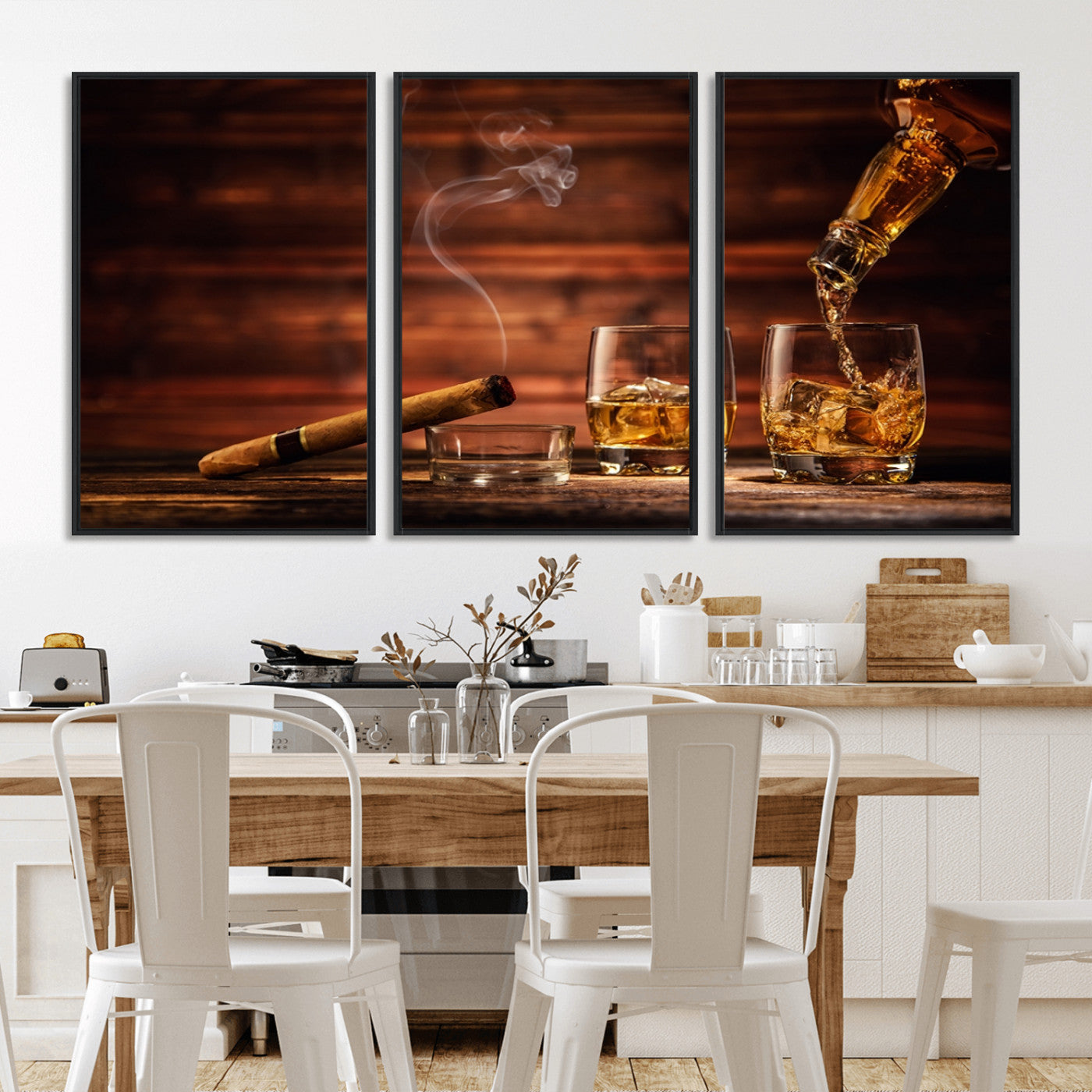 91042-MGV-FC-60X30-3P_Black-Whiskey and Cigar Wall Art Canvas | 3 Panel Bar Room Decor for Home Lounge, Office, or Man Cave |