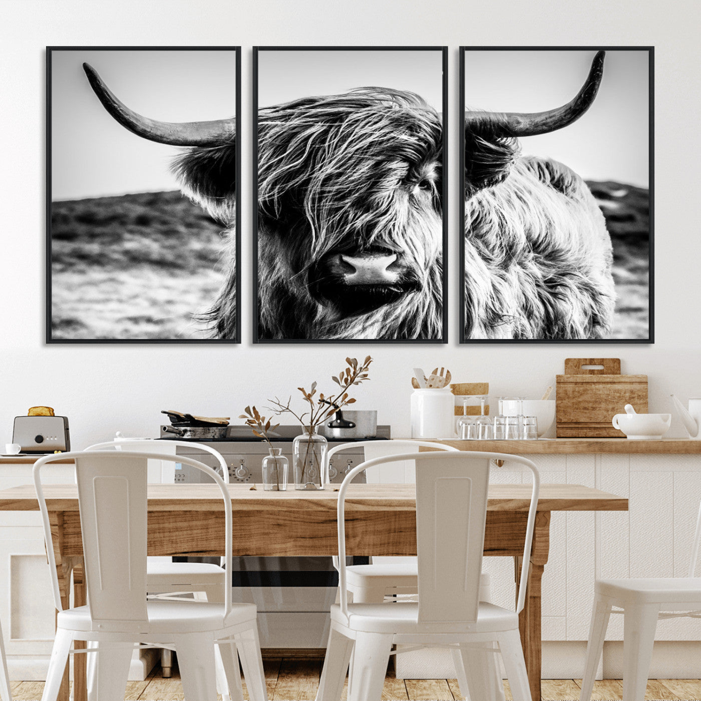 54309-MGV-CV-36X24 - Black and White Scottish Cow Canvas Wall Art Highland Cattle Canvas Print Framed Ready to Hang Original Cotton Canvas High Quality Image Multi Panel Wall Art Printable Artwork for Walls