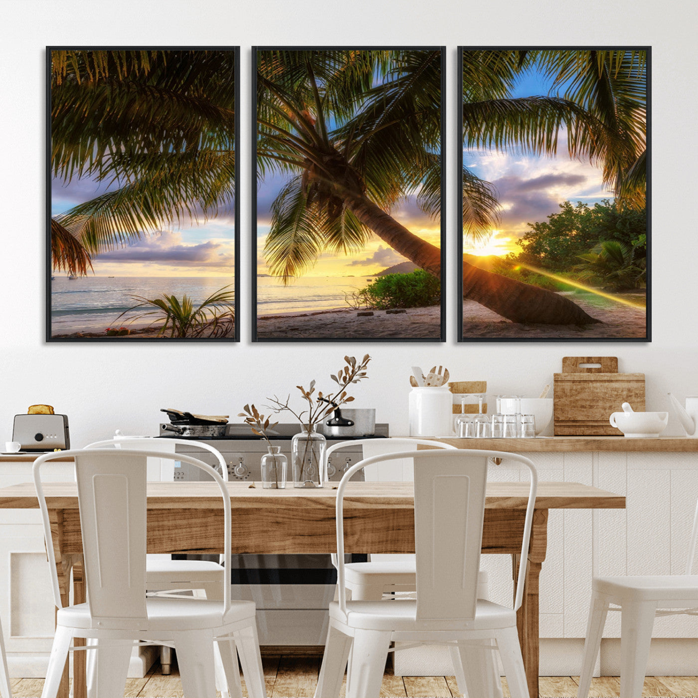 -Tropical Island Sunset on the Beach Palms Wall Art Canvas Print