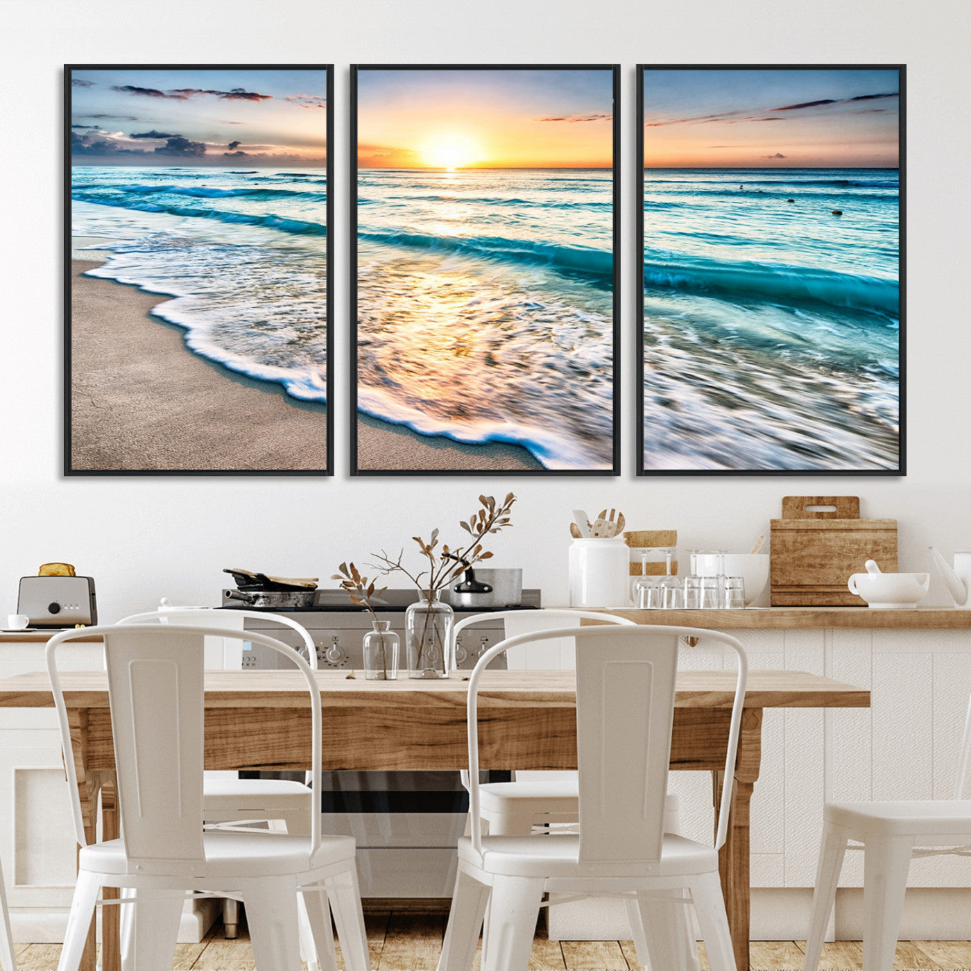 -Sunset Beach Waves Canvas Wall Art – 5-Panel Ocean Sunset Print – Coastal Decor for Living Room or