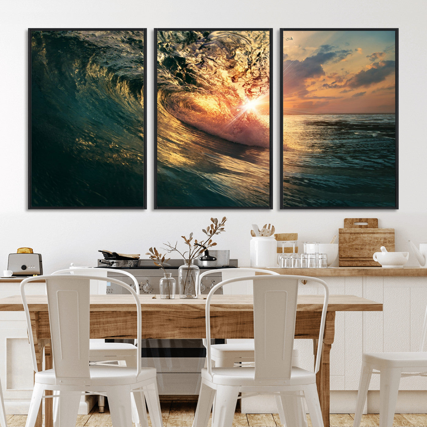 55359-MGV-FC-60X30-3P_Black-Ocean Wave Sunset Canvas Wall Art – Triptych Seascape Print – Framed and Ready to Hang for Living