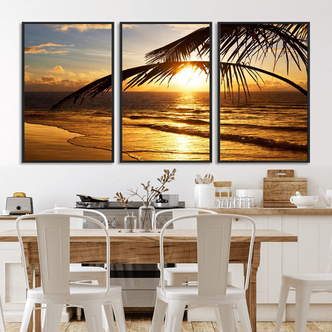 MGV-FC-60X30-3P - Golden Tropical Beach Sunset Canvas Triptych, Coastal Palm Tree Wall Art, Ocean Shoreline Giclee