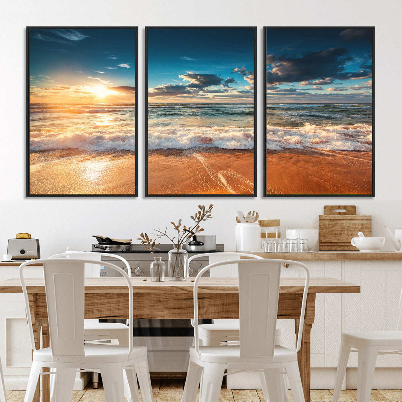 -Golden Sunset Beach Triptych Canvas Art, Giclee Coastal Wall Decor, Ocean Waves Print, Modern Beach