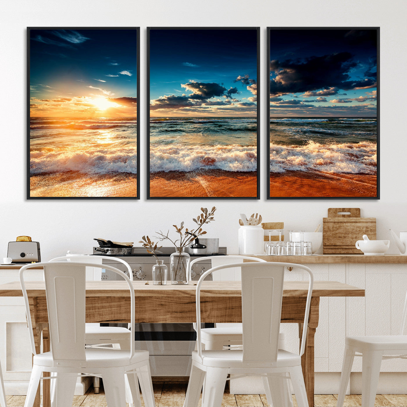 -Golden Hour Sunset Over Ocean Waves Wall Art Canvas Print | 3 Panel Coastal Landscape Canvas Wall