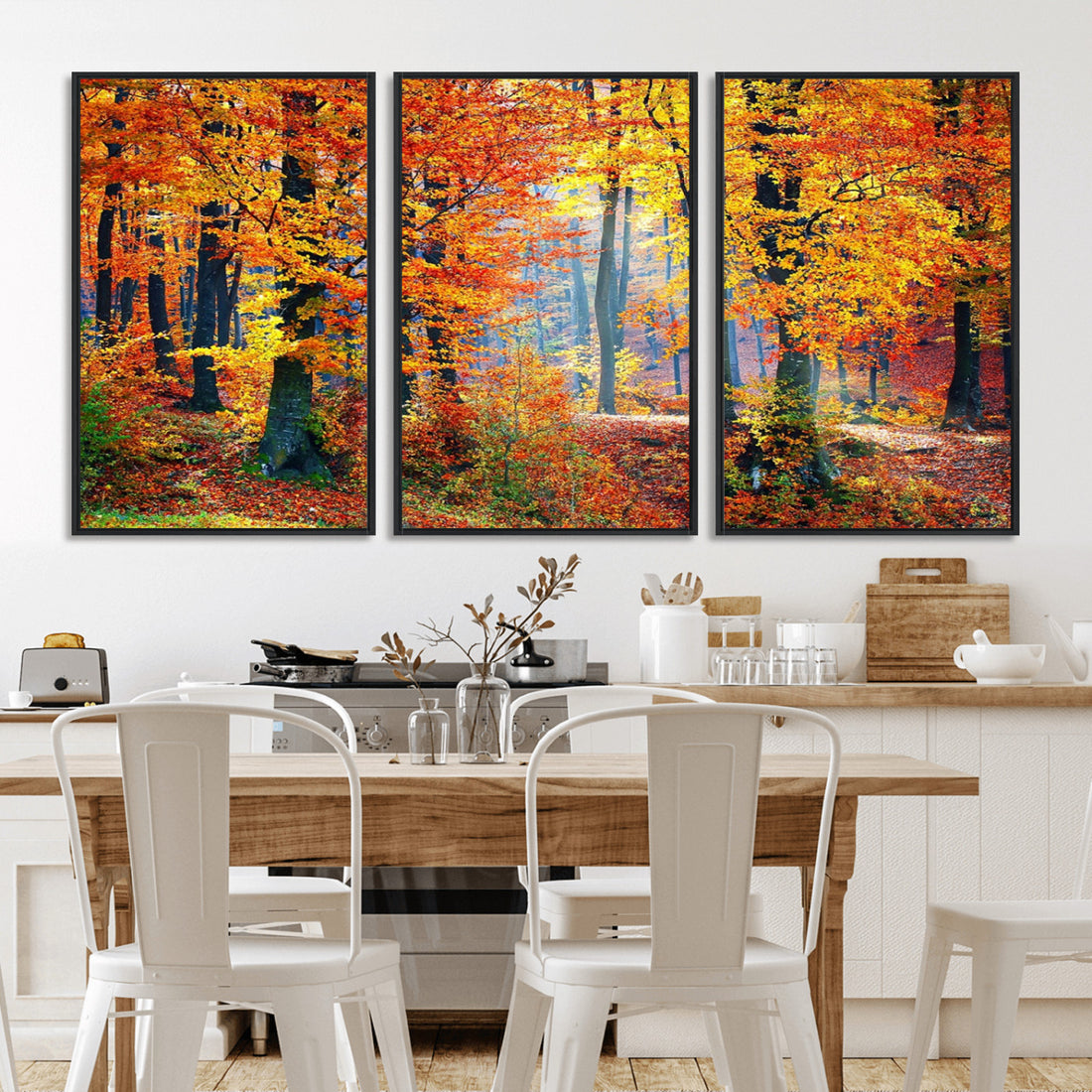 Autumn Red Forest Triptych Canvas Wall Art Print, Forest Wall Decor, Fall Landscape Art