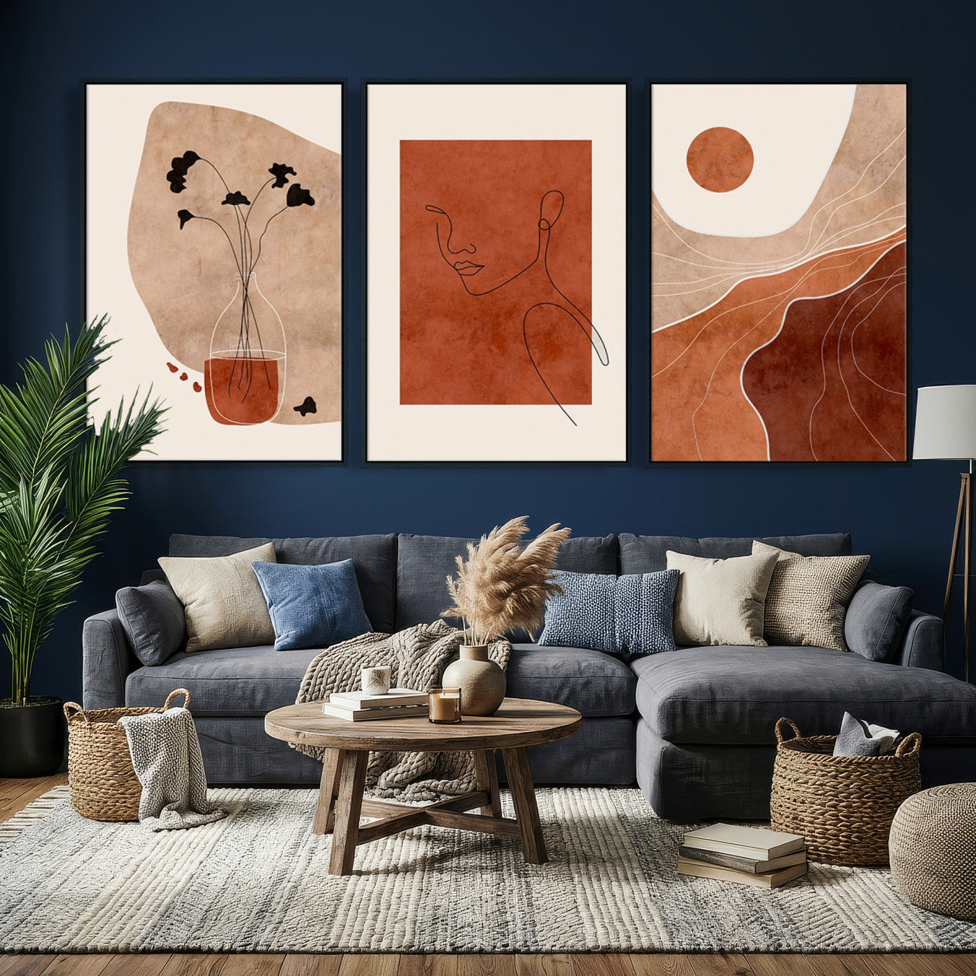 56768-MGV-CV-60X30-3P - Boho Sunset Mountain Canvas Print, Modern Boho Sunset Mountain Landscape Triptych – Giclée Canvas