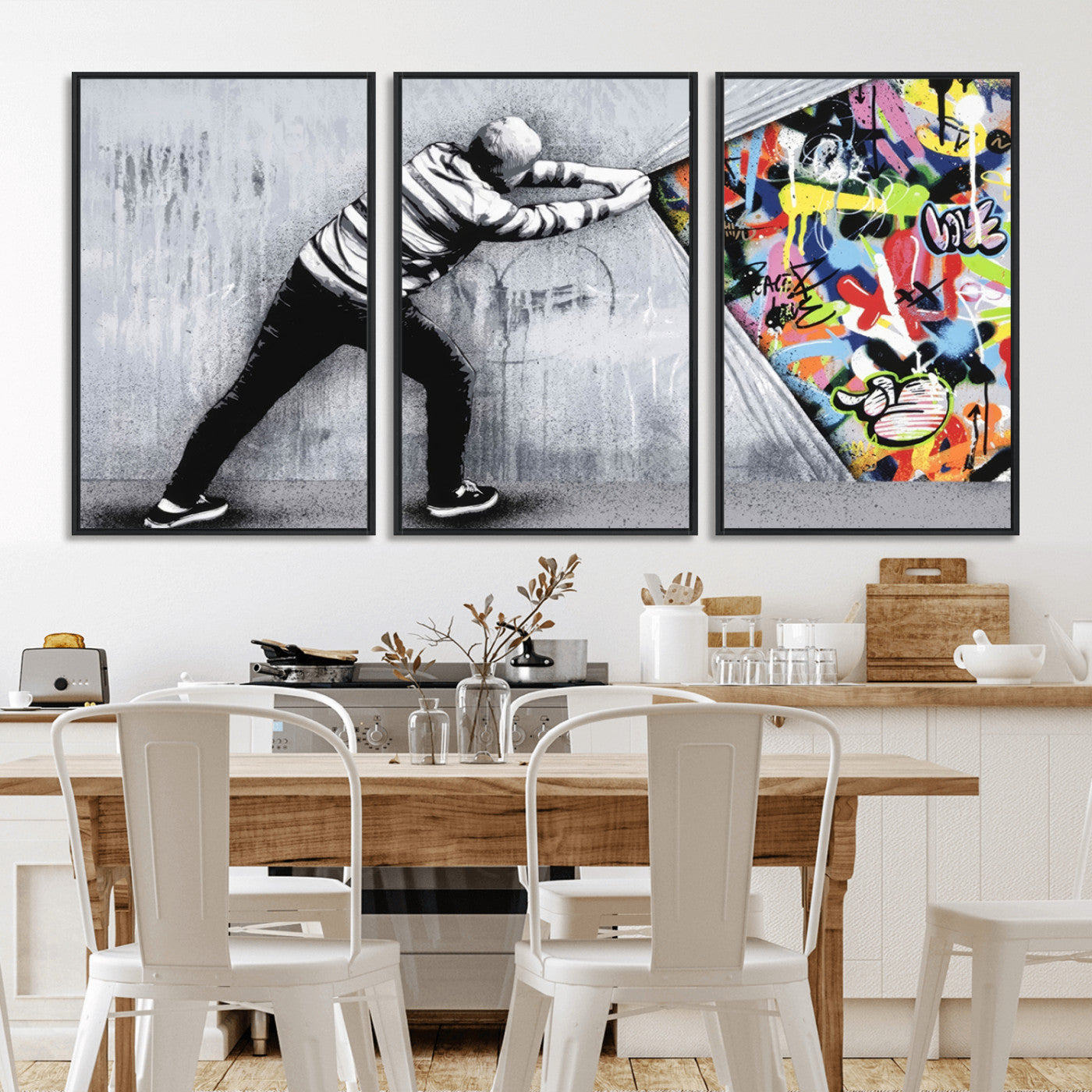 52252-MGV-CV-36X24-Banksy Art Behind the Curtain Street Wall Art Canvas Print | 3-Panel Urban Graffiti-Inspired Wall