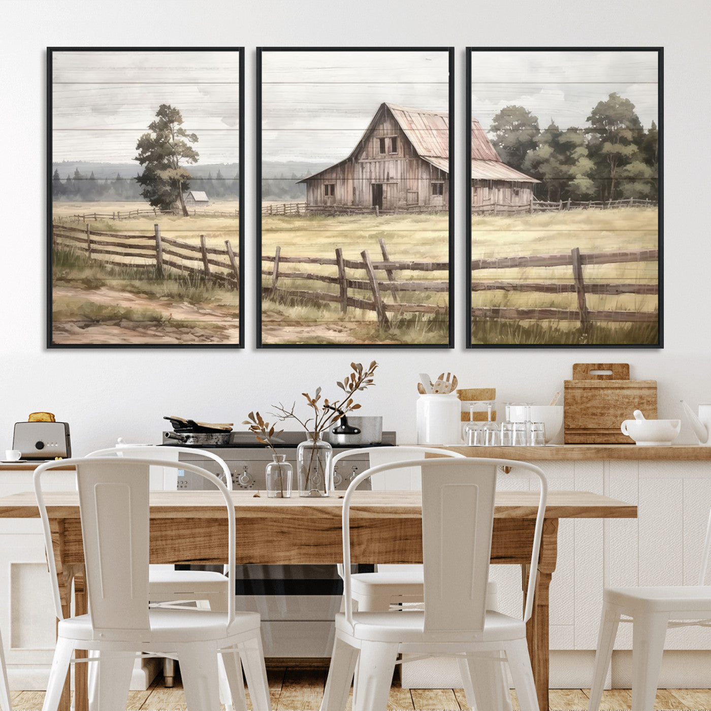 87489-MGV-CV-36X24-Rustic Farmhouse Barn Wall Art | 3-Panel Framed Gallery Wrap Giclee Canvas Print for Living Room,