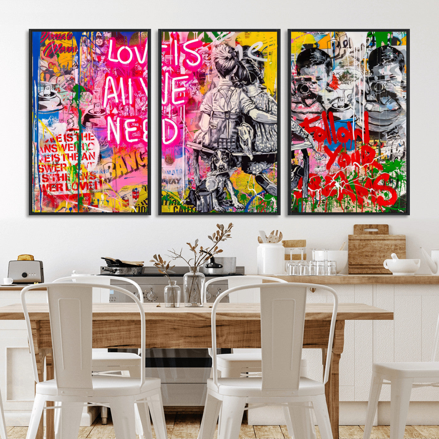 67019-MGV-CV-36X24-Follow Your Dreams & Love is All We Need Graffiti Street Art Triptych | Colorful Urban Wall Art