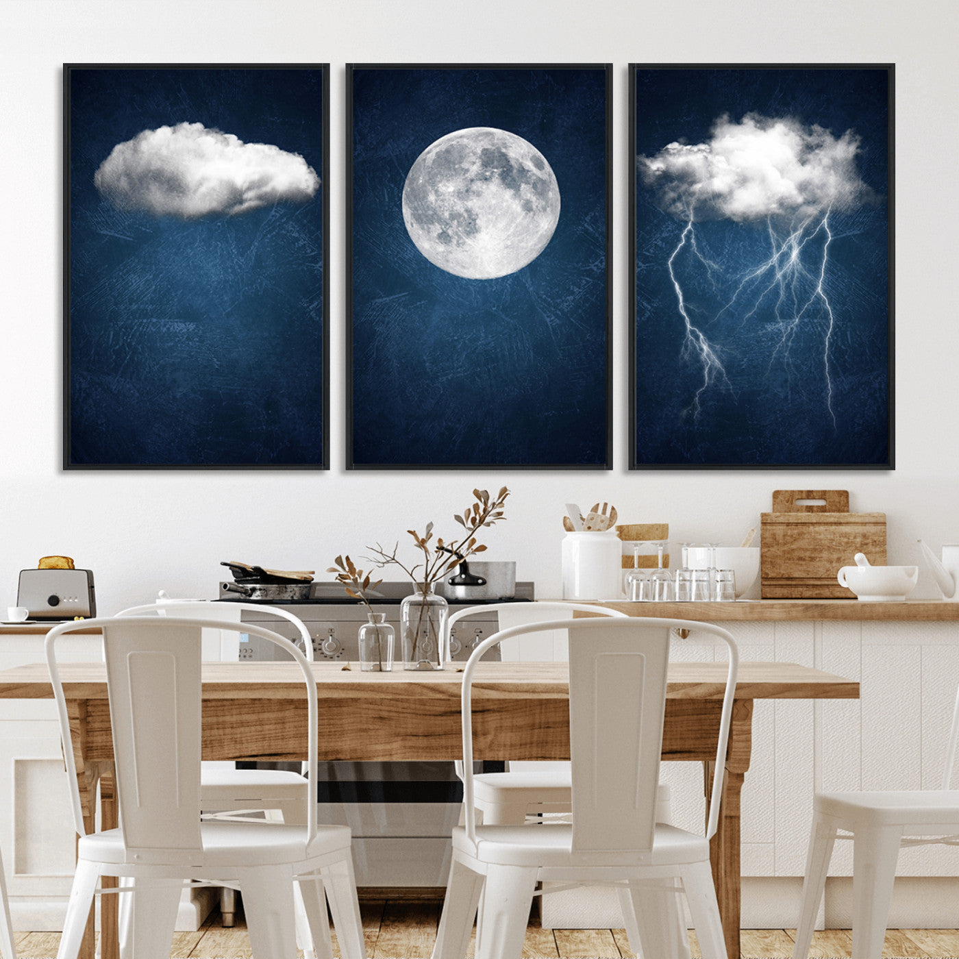 96569-MGV-CV-36X24-Dark Blue Cloud Art, 3 Piece Indigo Blue Wall Art, Aesthetic Surreal Art, Thunderstorm Moon Cloud