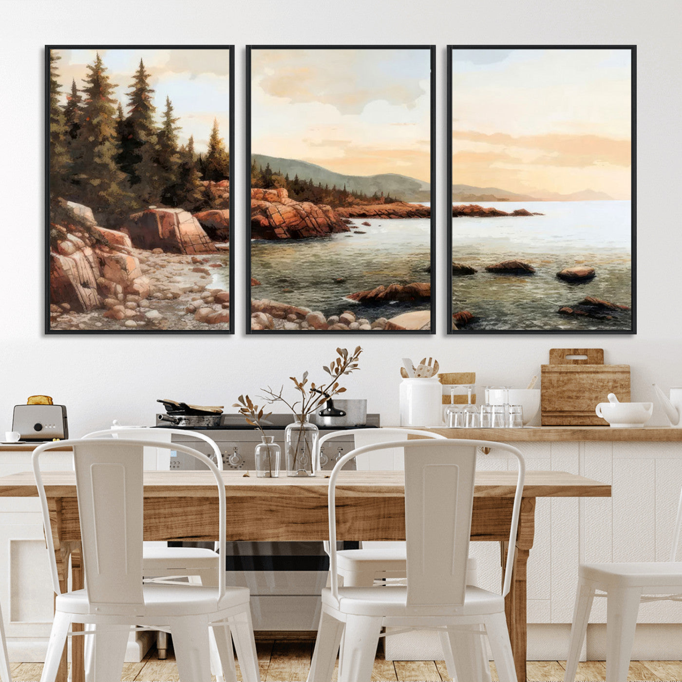 77145-MGV-FC-60X30-3P_Black-Serene Coastal View of Acadia National Park Wall Art - Stunning 3-Panel Wall Art Canvas Print,