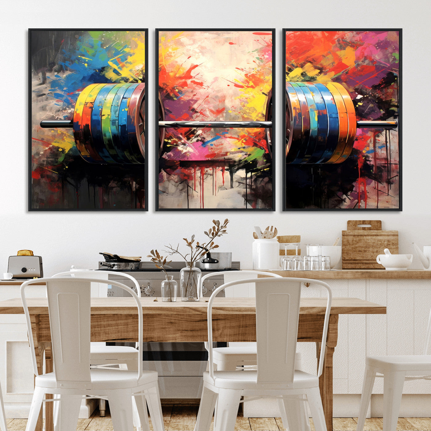 80436-MGV-FC-60X30-3P_Black-Weightlifting Barbell Art Triptych, Bold Abstract Fitness Wall Decor for Gym or Home, Giclee Canvas
