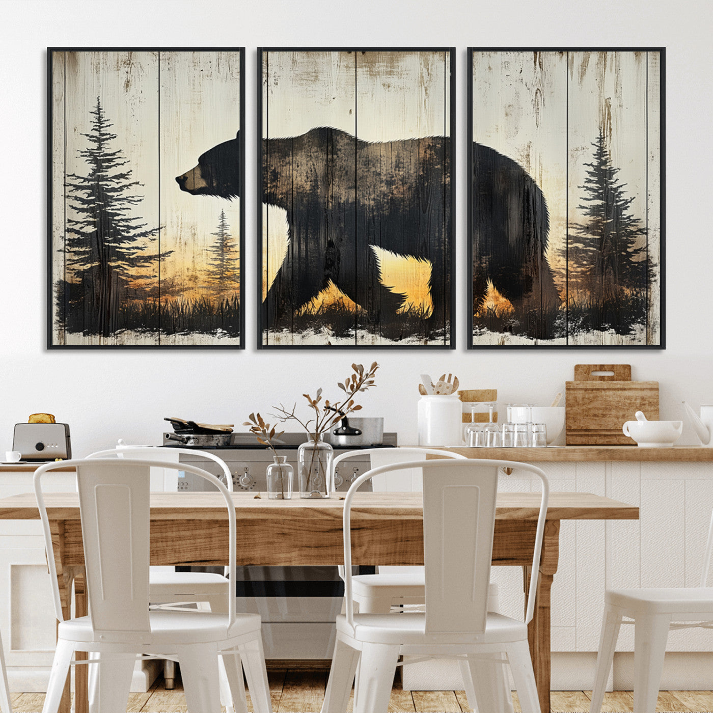 83875-MGV-CV-36X24-Vintage Bear Wall Art Canvas Print for Farmhouse - Mountain Wood Canvas Wall Art - Forest Silhouette