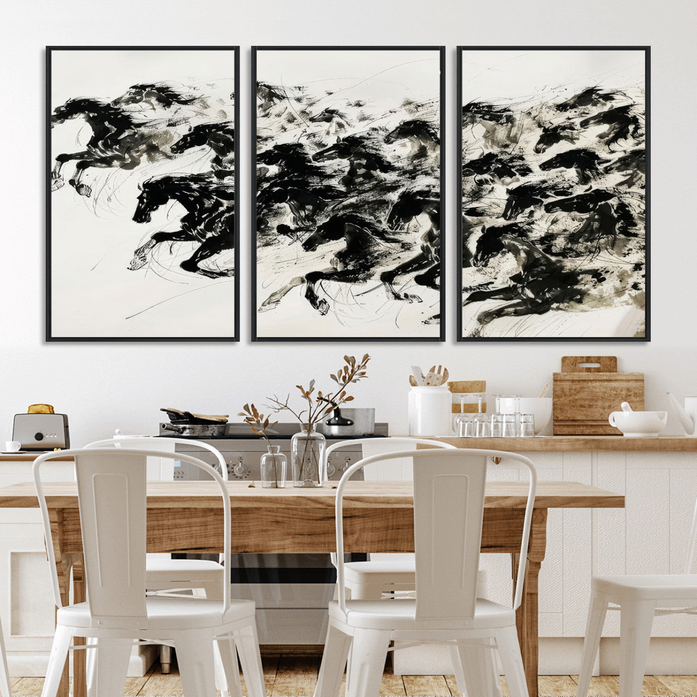 23069-MGV-CV-36X24-Abstract Horse Wall Art Canvas Print - Dynamic Black Ink Horse Print - Modern Equine Wall Decor for