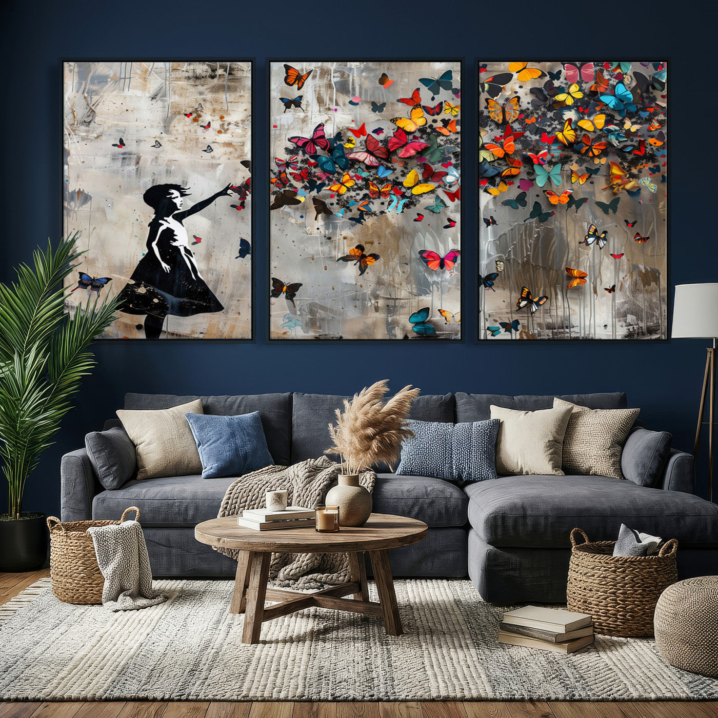 51446-MGV-CV-36X24 - Banksy Butterfly Girl Wall Art | 3-Piece Butterfly Girl Canvas