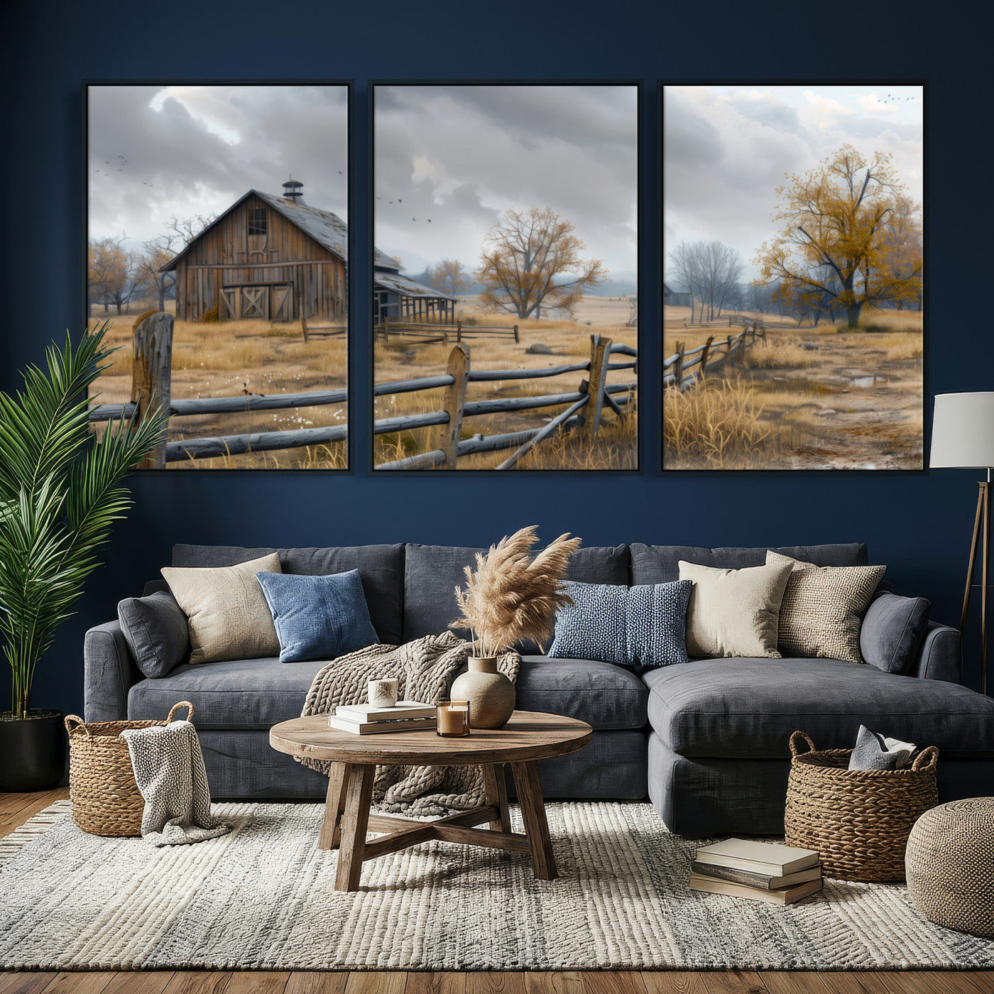 Farm1-MGV-CV-36X24 - Rustic Autumn Farmhouse Wall Art Canvas Print – Serene Countryside Scene with Weathered Barn and