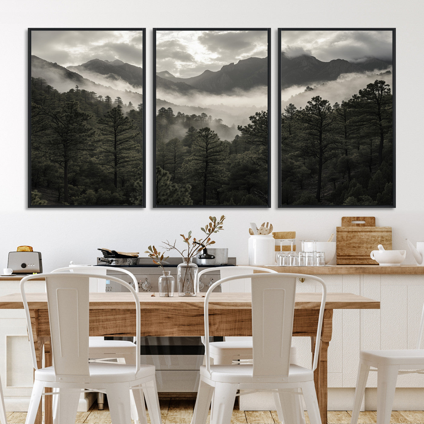 Canvas of moody pine forest and foggy mountain peaks under overcast skies, ideal for calm and rustic woodland-themed home decor.