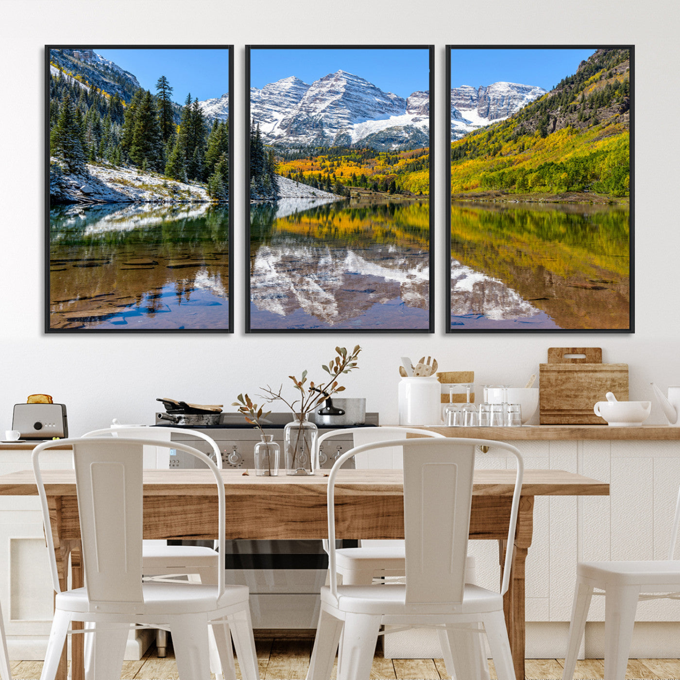 Canvas of Maroon Bells reflected in a clear alpine lake, with golden aspens and snowy peaks, ideal for crisp autumn or mountain-themed decor.
