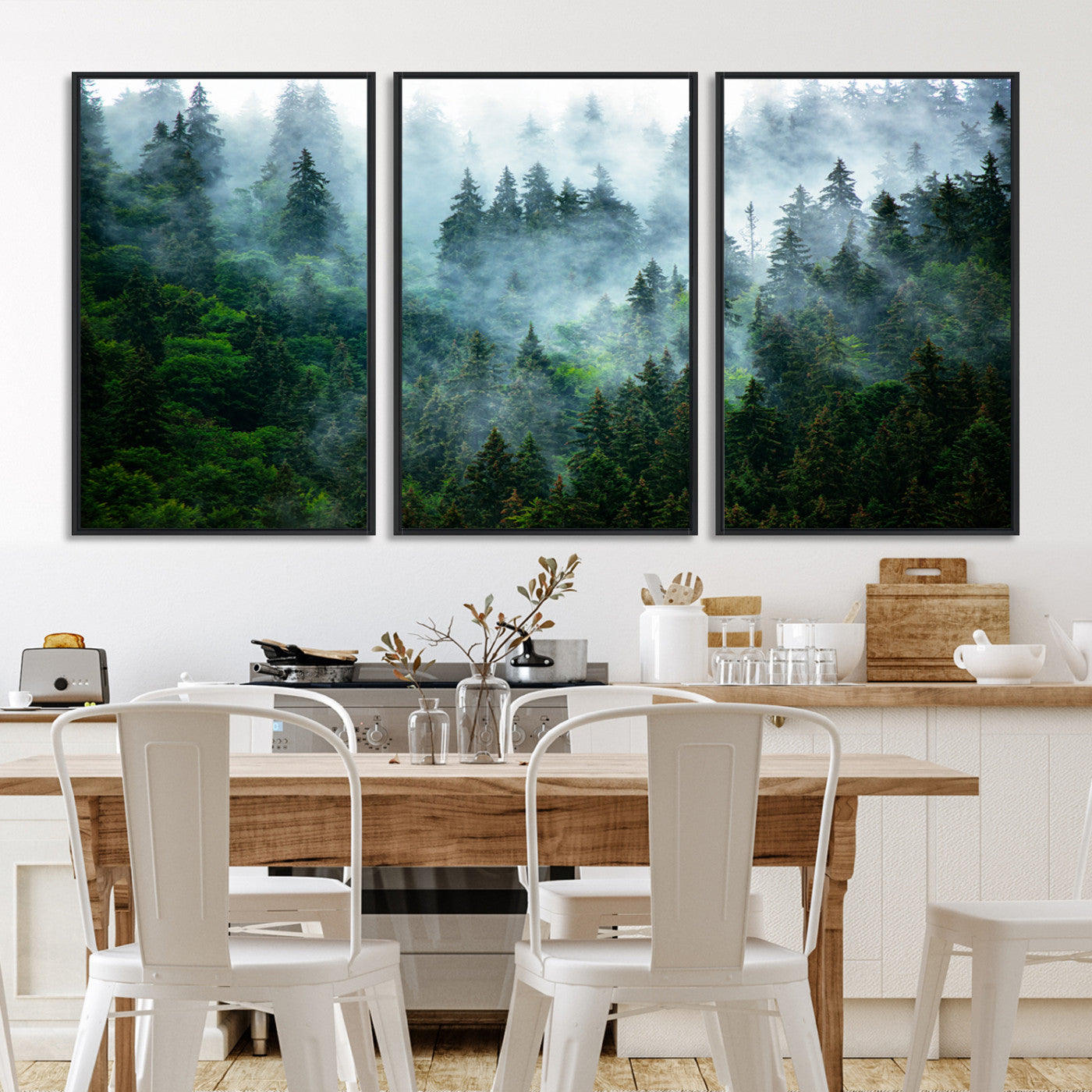 17393683-MGV-FC-60X30-3P_Black-Misty Forest Wall Art Canvas Print – Framed Foggy Mountain Landscape Artwork, Serene Scenic Decor for Home, Office