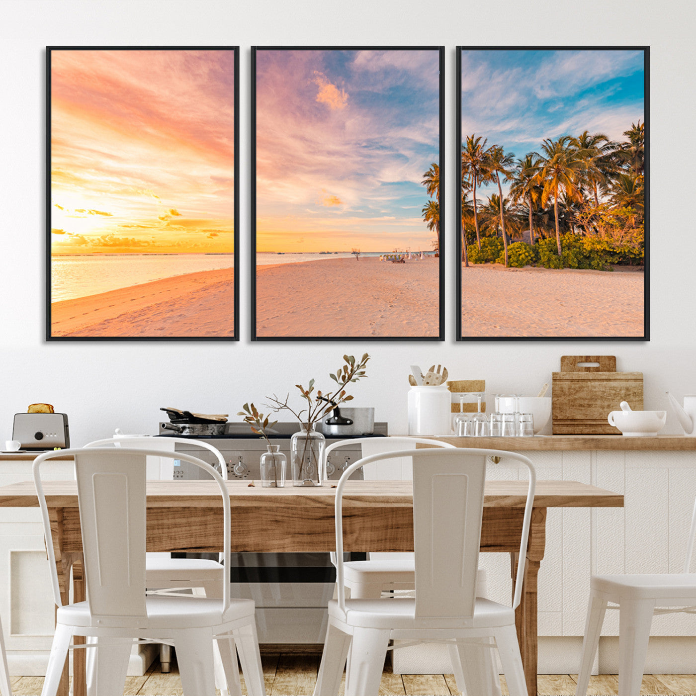Tropical beach canvas with palm trees and soft sunset tones, ideal for coastal or beach-style home décor in warm pastel hues.