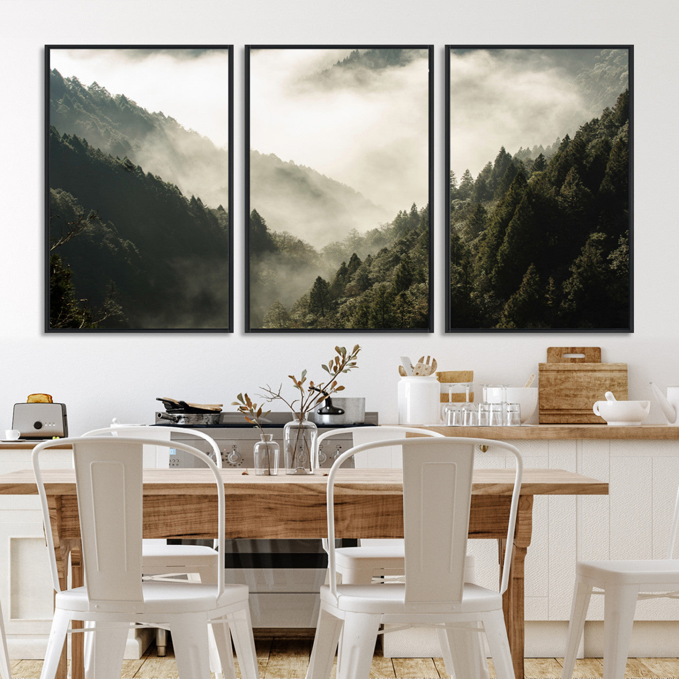 Canvas showing a misty pine forest valley with layered green hills and soft fog, perfect for moody or nature-themed decor styles.