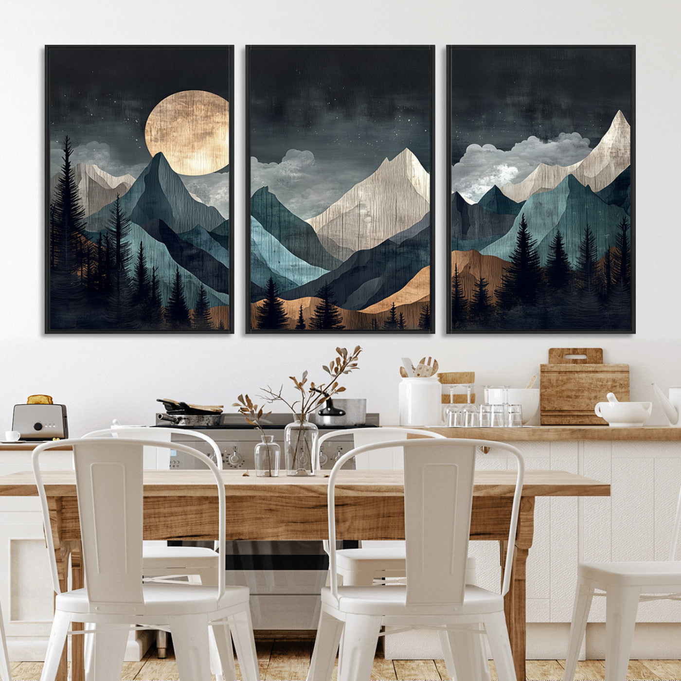 11060882-MGV-CV-36X24-Moonlit Mountain Wall Art Canvas Print – Silhouetted Pines Layered Peaks Tranquil Sky Mist Silver Light Nature Artwork for Home