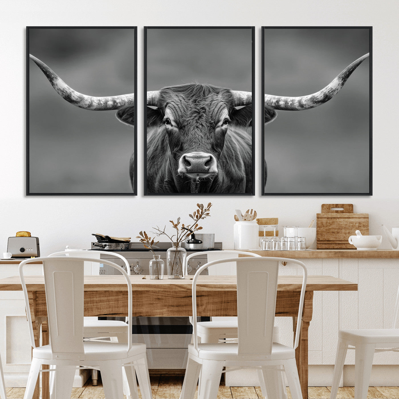 81228550-MGV-FC-60X30-3P_Black-Framed Texas Longhorn Bull Art Canvas Print, Western Bull Wall Art Print, Long Horn Bull Photo Print