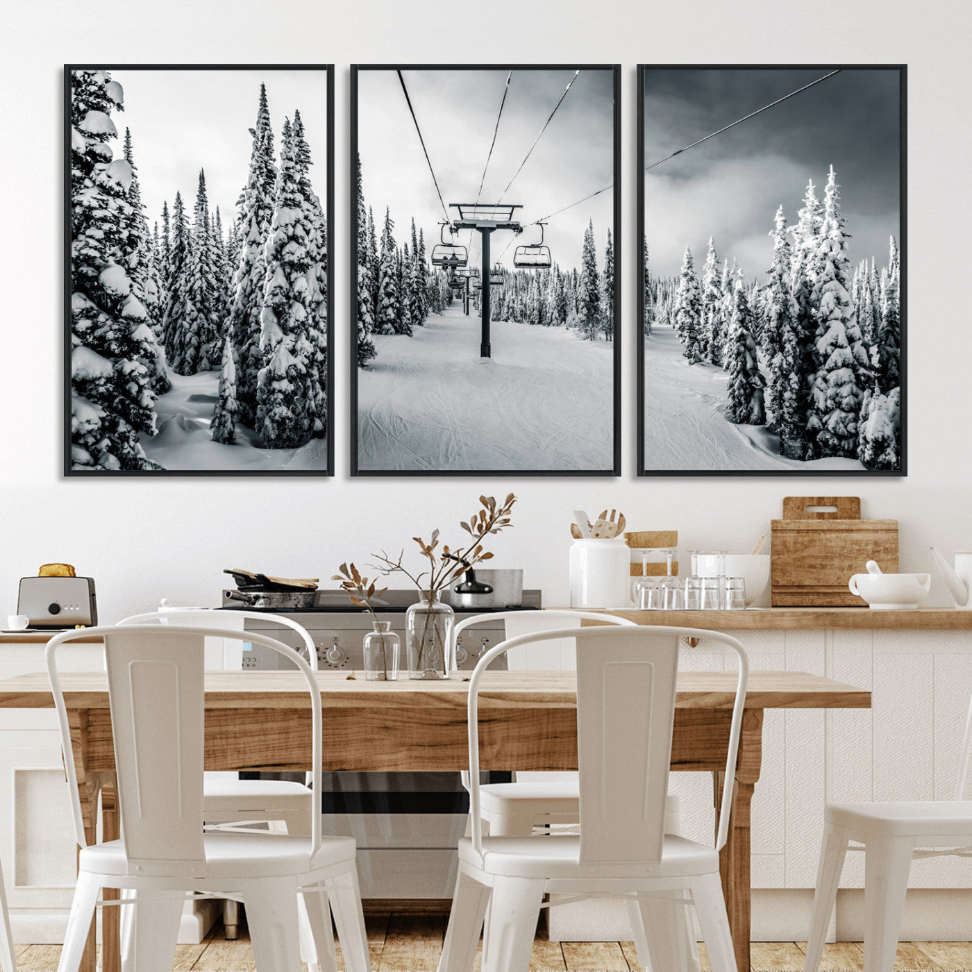 31156828-MGV-CV-36X24-Snowy Pines Wall Art Canvas Print – Framed Ski Lift Winter Forest Snowy Landscape Moody Lodge Artwork for Home, Office