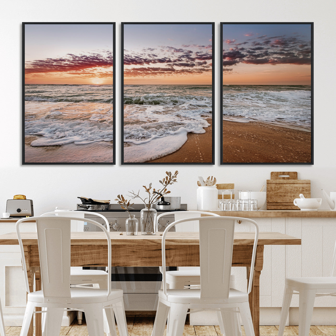 39846389-MGV-FC-60X30-3P_Black-Ocean Sunset Wall Art Canvas Print – Framed Sandy Shore Gentle Waves Coastal Landscape Minimalist Artwork for Home, Office