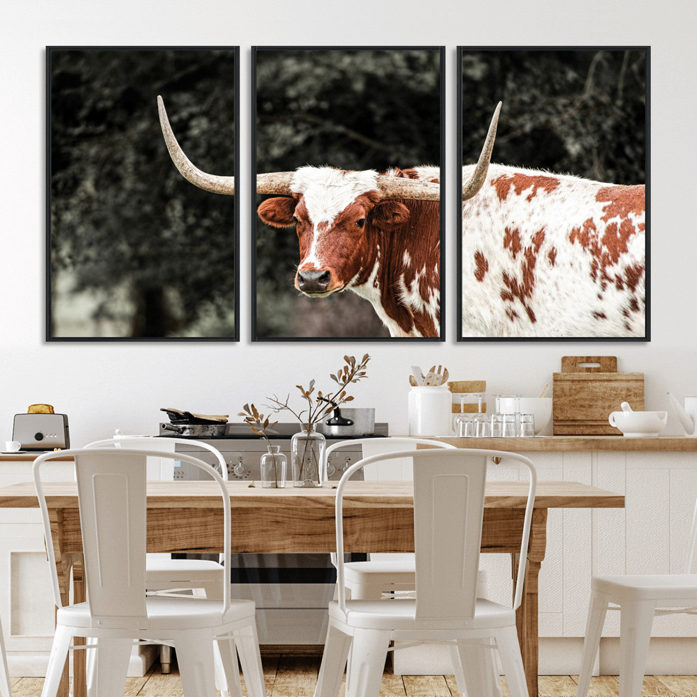-Texas Longhorn Wall Art Canvas Print, Framed Spotted Cow Art Picture Print, Horned Bull Perfect Rustic Western Decor Artwork