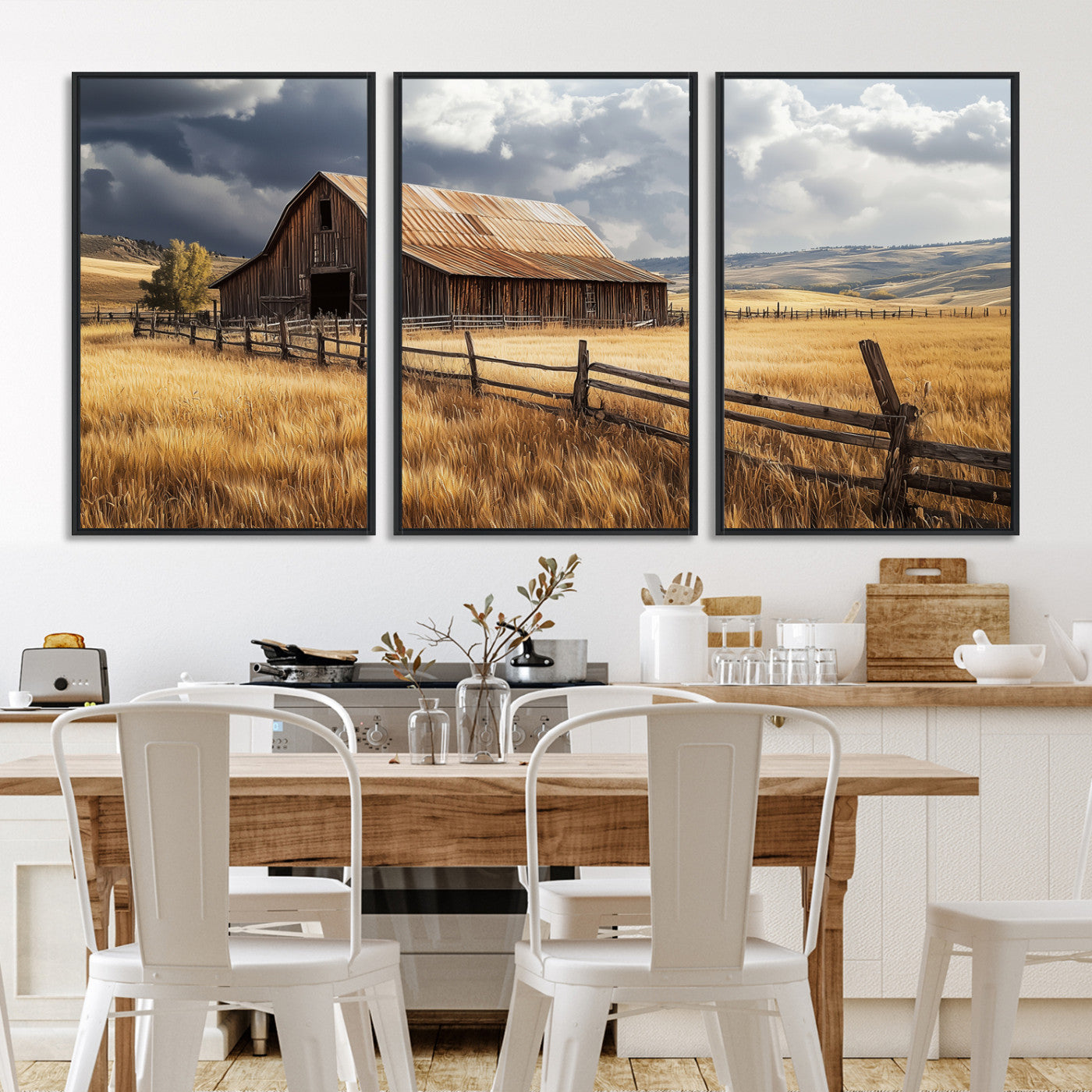 38758826-MGV-FC-60X30-3P-Rustic Barn Wall Art Canvas Print, Framed Moody Barn Art Picture Print, Golden Field Perfect Rustic