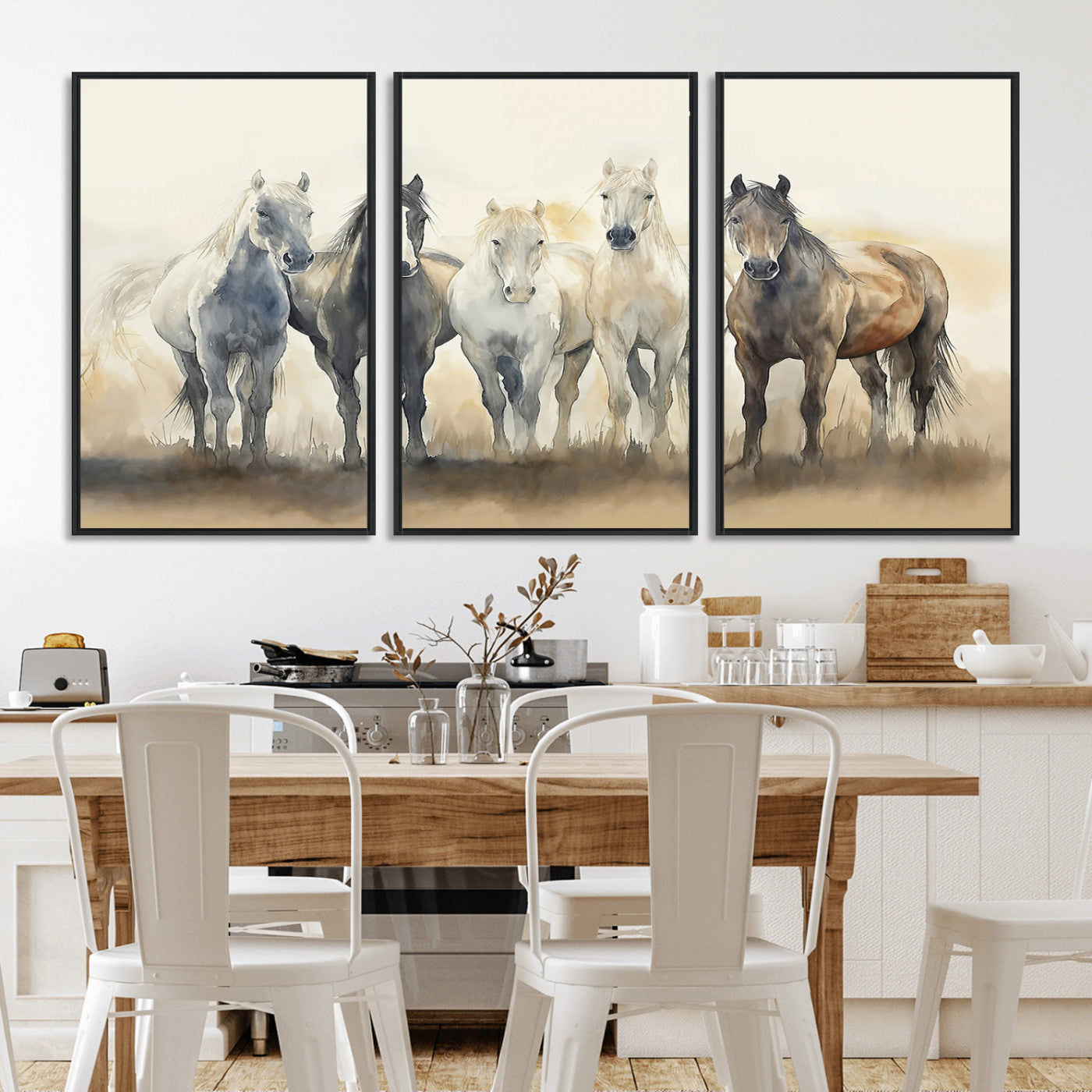 MGV-FC-60X30-3P - Wild Horses Wall Art Canvas Print, Framed Running Horses Art Picture Print, Watercolor Horses Perfect Rustic Western Decor Artwork