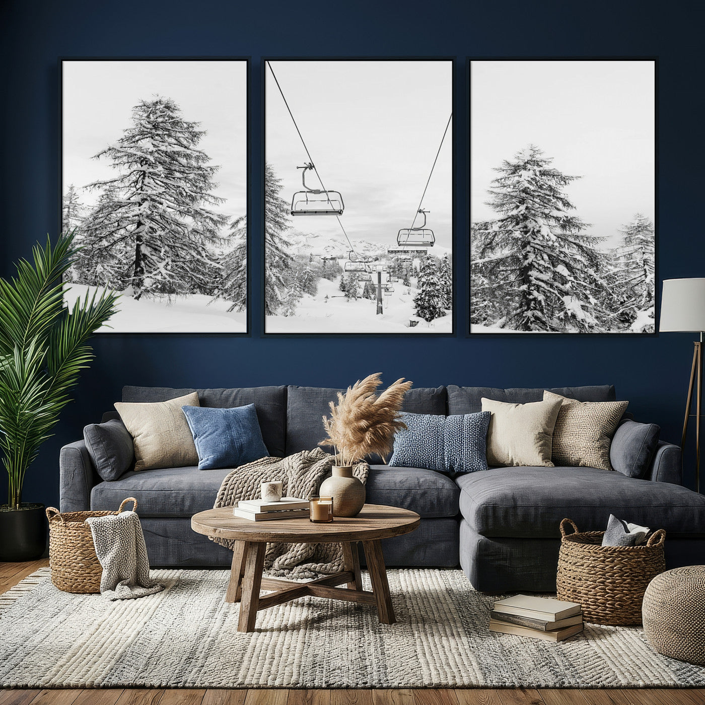 55003599-MGV-CV-36X24 - Snowy Ski Lift Wall Art – Framed Winter Forest Canvas Artwork, Peaceful Mountain Design, Modern Nature Decor for Home, Office