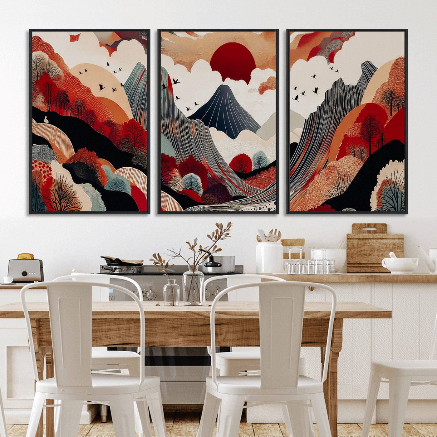 -Abstract Mountain Wall Art Canvas Print, Framed Vibrant Landscape Art Picture Print, Stylized Nature Drawing Perfect Contemporary Minimalist Decor Artwork