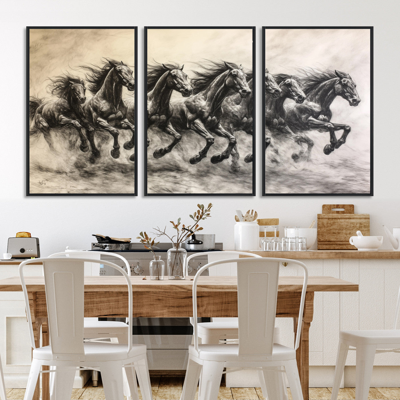 56089591-MGV-FC-60X30-3P-Galloping Horses Wall Art Canvas Print, Framed Wild Stallions Art Picture Print, Horse Herd Sketch