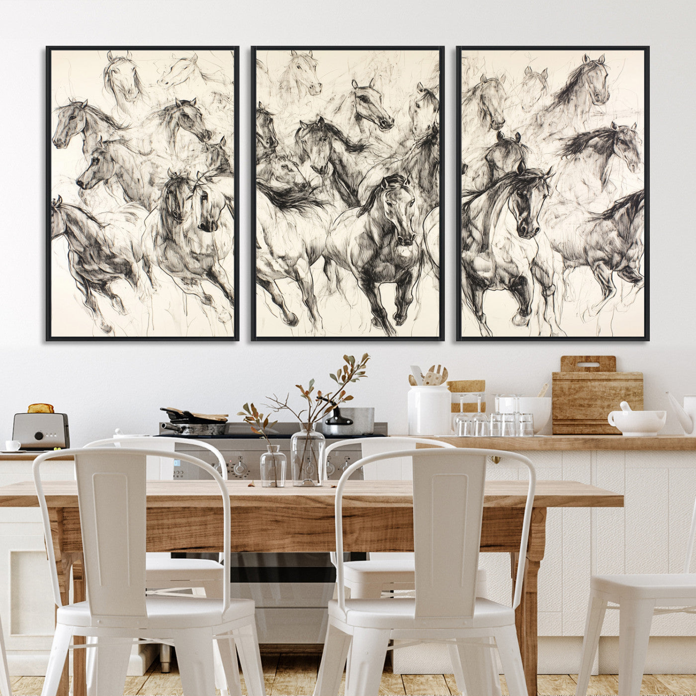 19433417-MGV-FC-60X30-3P-Running Horses Wall Art Canvas Print – Framed Galloping Herd Dynamic Equestrian Sketch Nature Artwork for Home Office