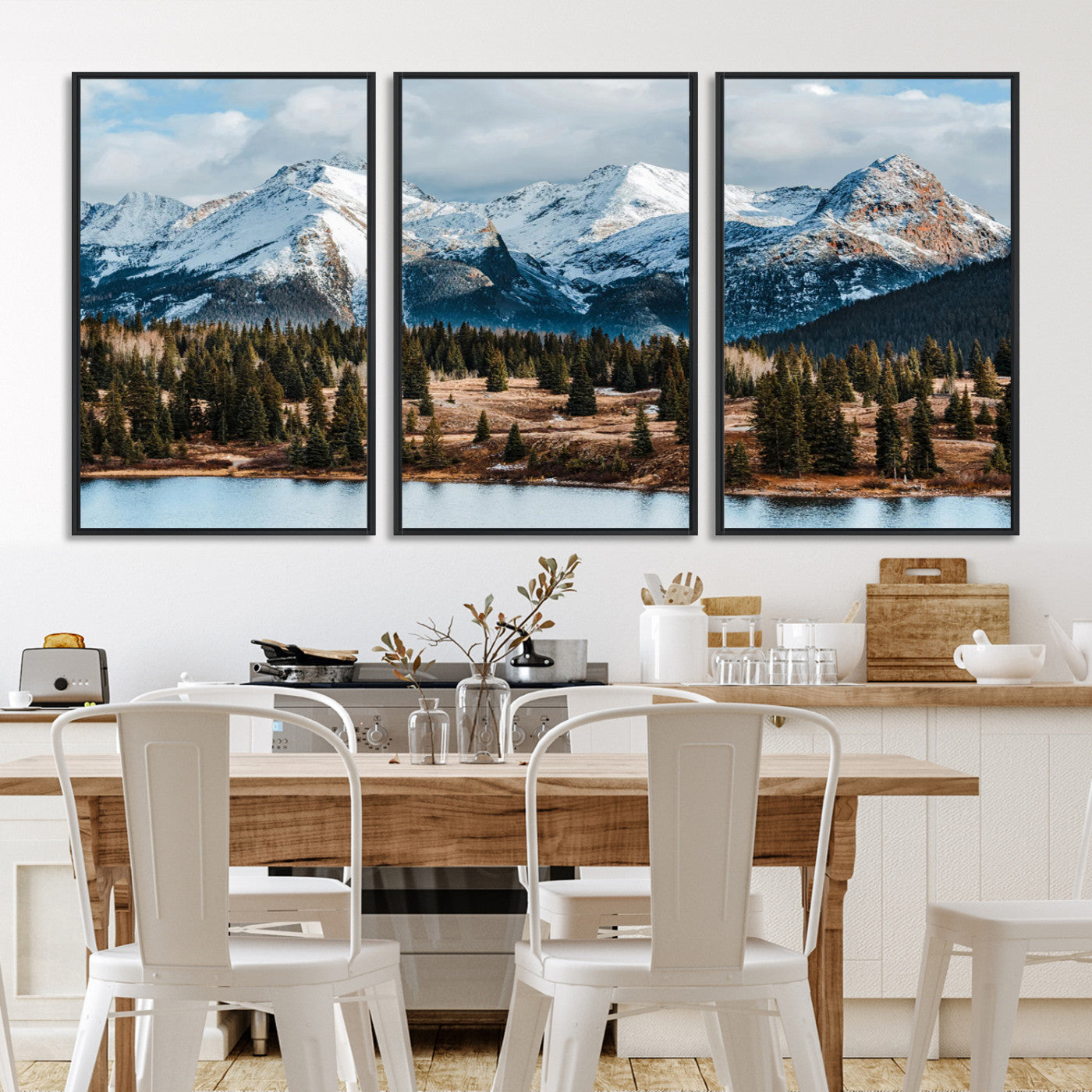 36247746-MGV-FC-60X30-3P-Snowy Peaks Wall Art Canvas Print, Framed Alpine Lake Art Picture Print, Pine Forest Perfect Alpine