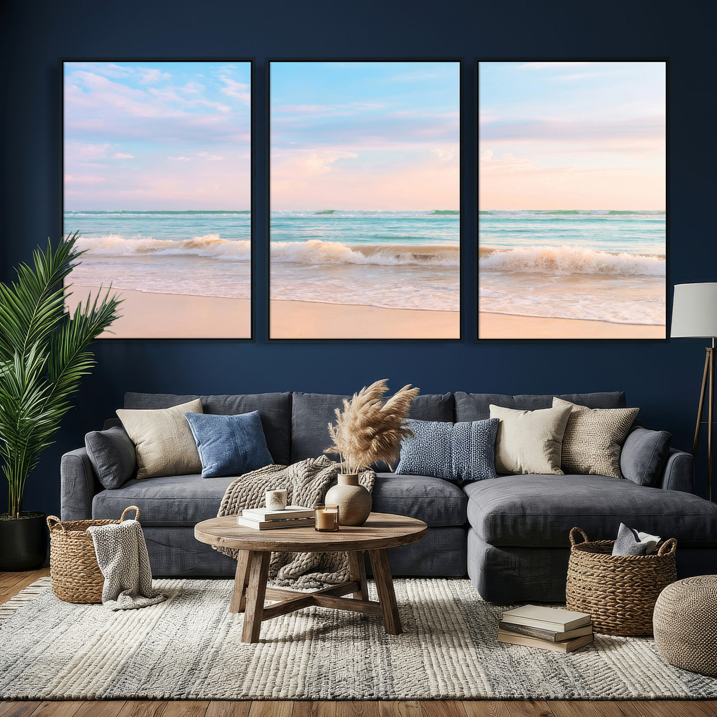74679437-MGV-CV-36X24 - Serene Waves Wall Art – Golden Shore & Soft Pastel Sky Canvas Print, Gentle Ocean and Peaceful Sunset for Living Room or Office